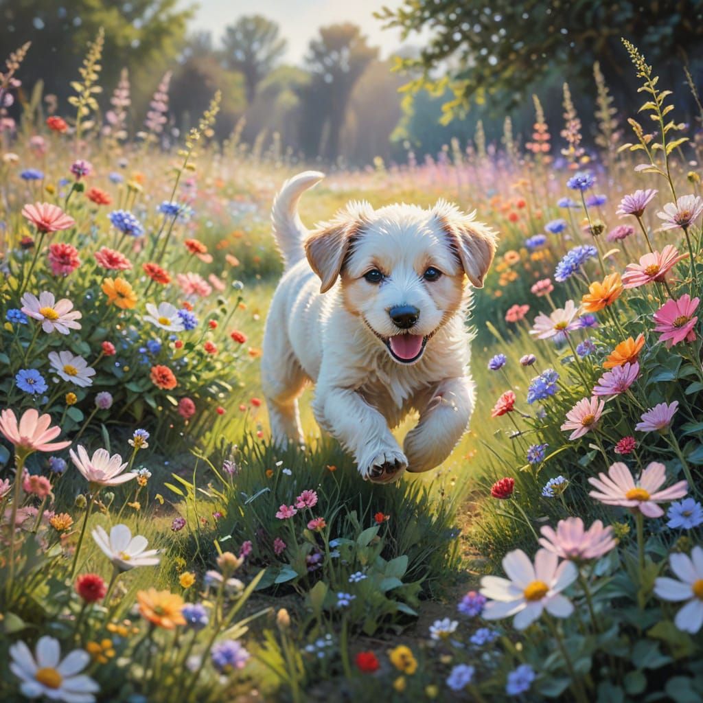 Whimsical Watercolor Puppy Amidst Vibrant Blooms