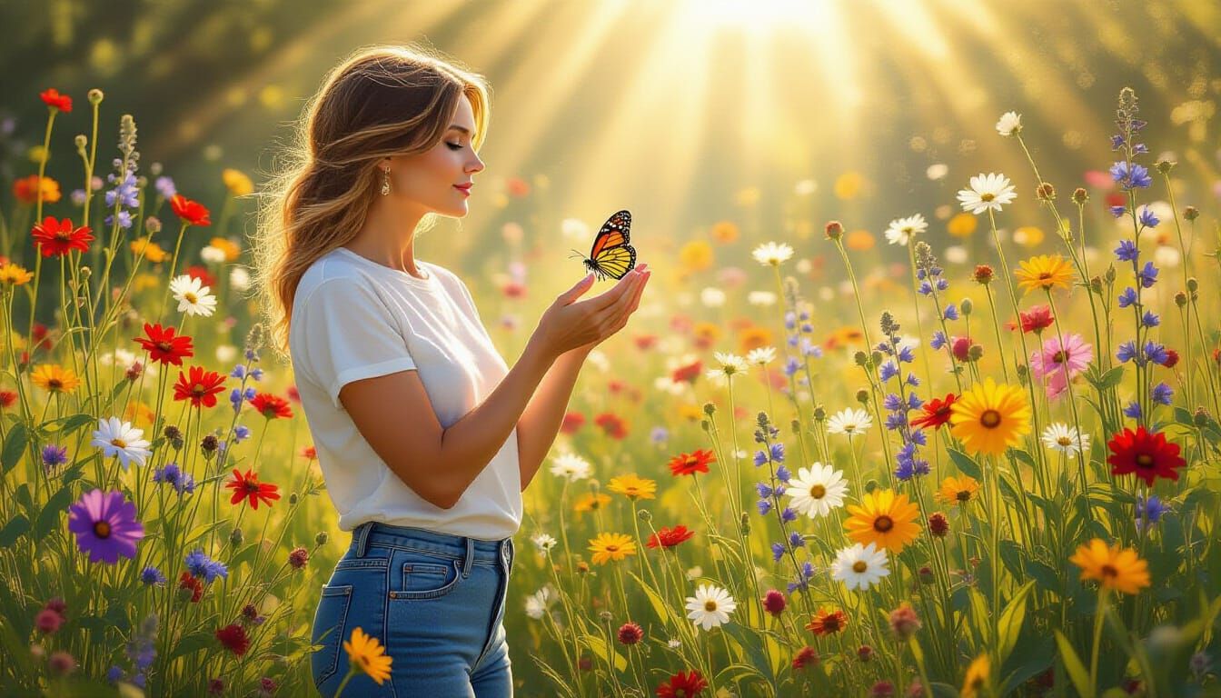 Woman in Wildflower Garden, Art Nouveau Style