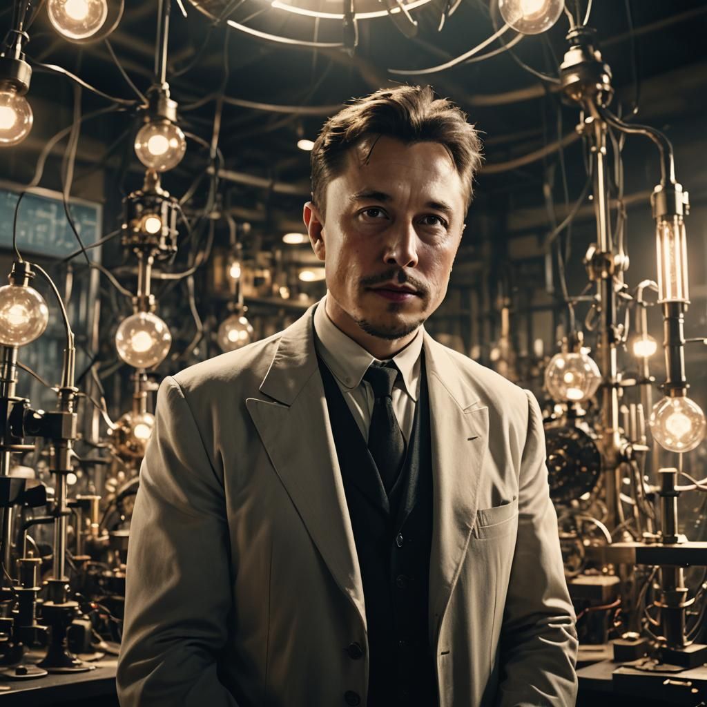 Elon Musk as Nikola Tesla: Film Noir Portrait