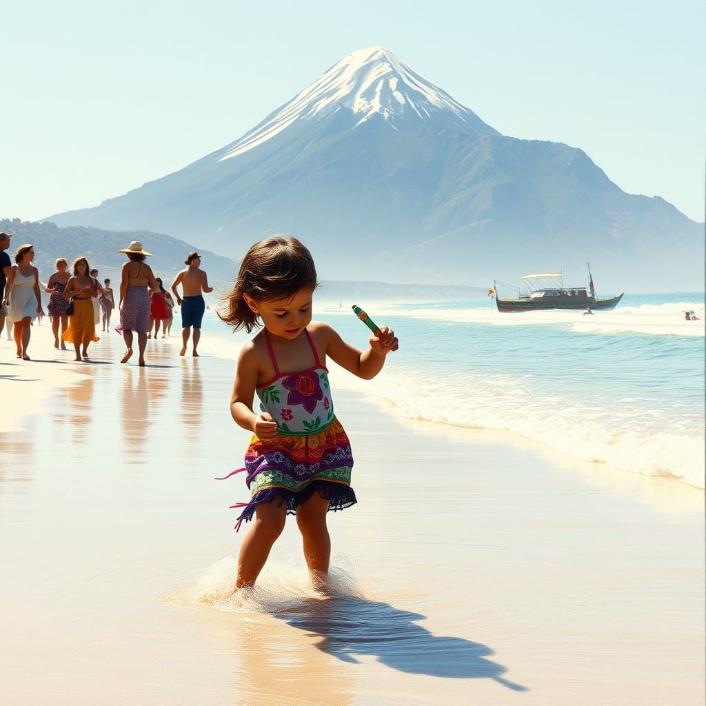 Beach Scene with Child and Grandfather in Rockwell Style