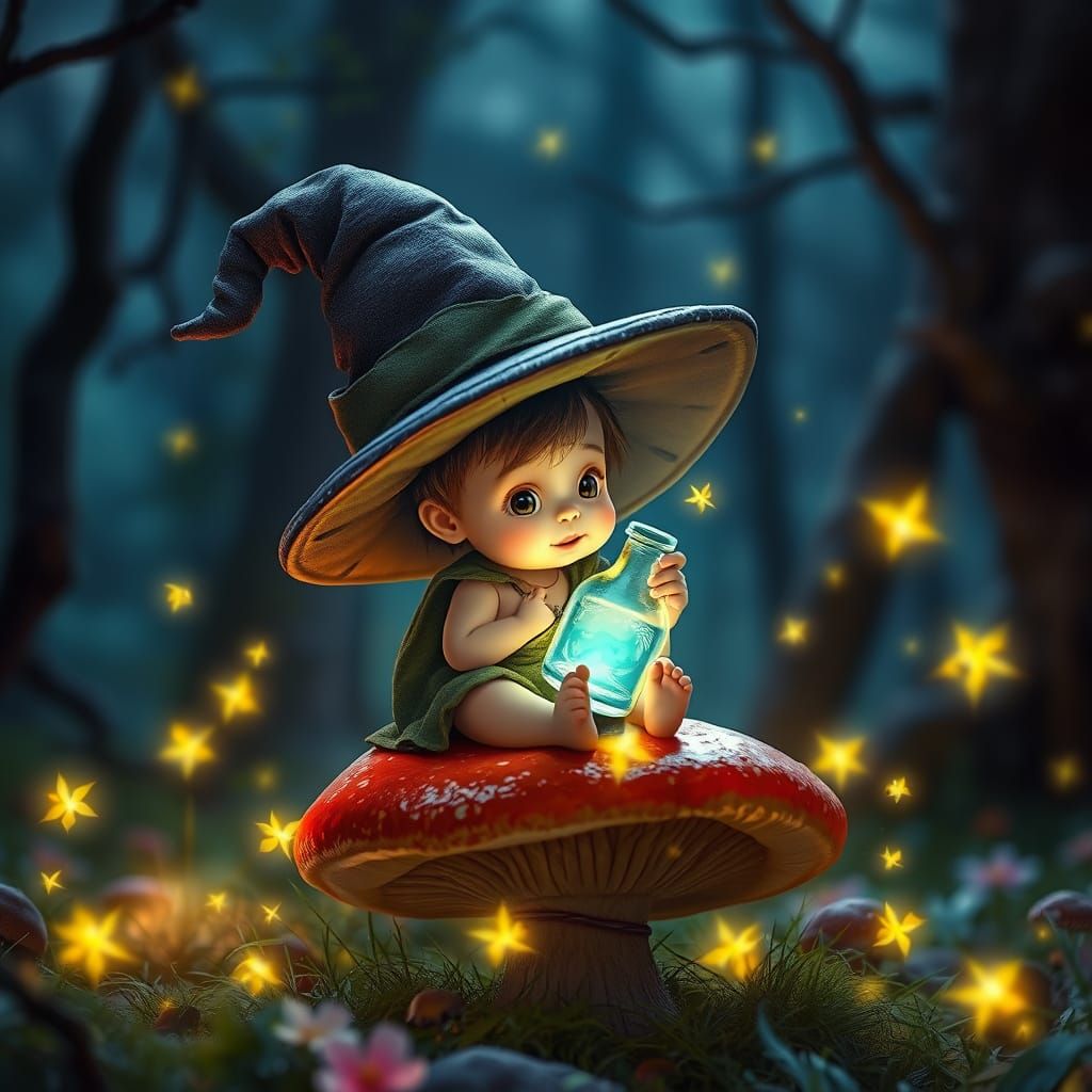 Baby Witch in Magical Forest with Glowing Potion