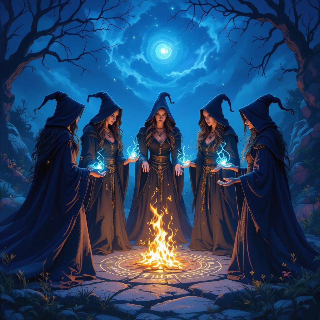 Witches' Magical Ritual in Mystical Digital Painting