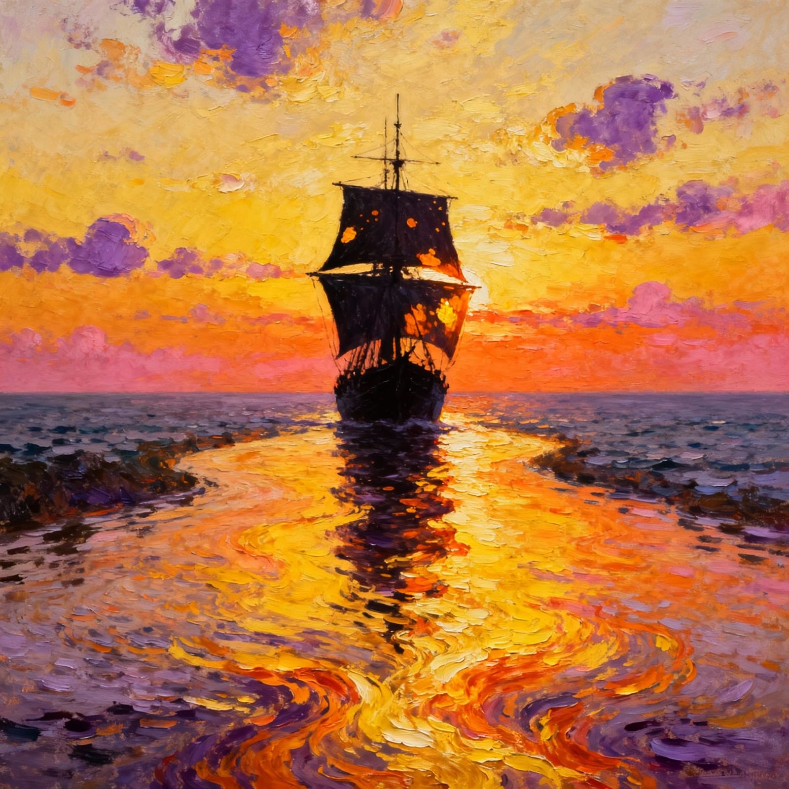 Golden Sunset Over River with Sailing Ship