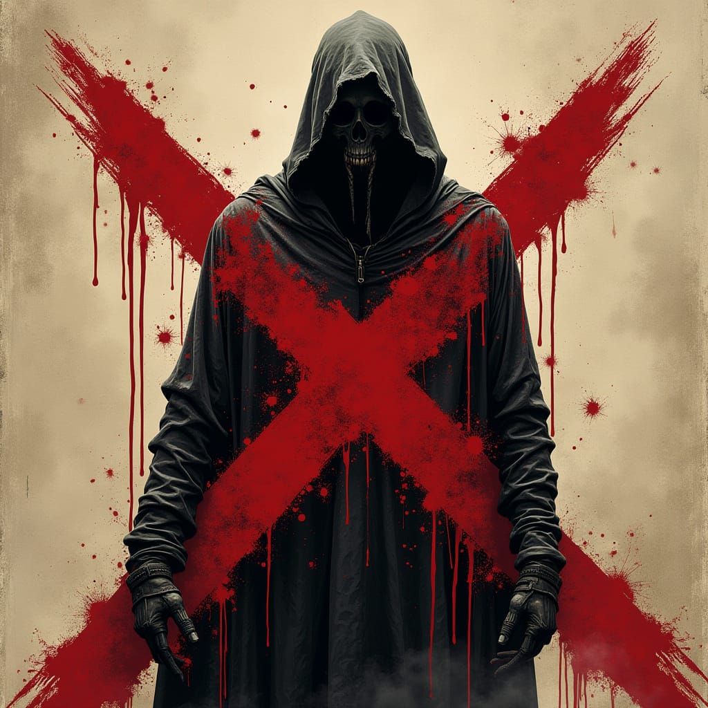 Menacing Figure Behind Blood-Drenched Logo in Giger Style