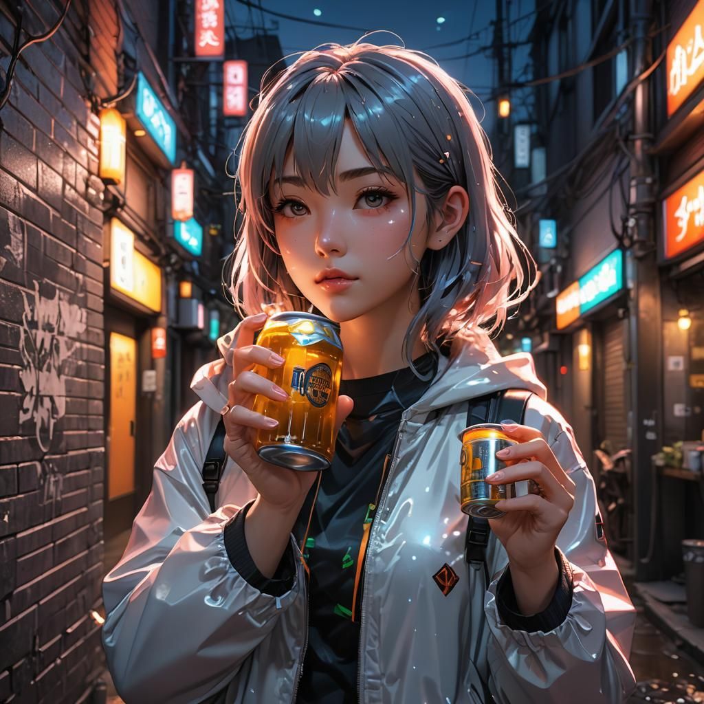Anime Girl Drinking Beer in Neon Cityscape