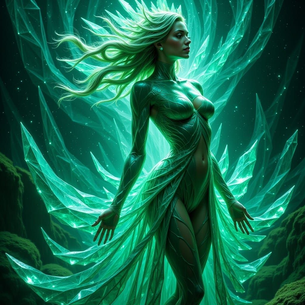 Emerald Crystal Girl in Cosmic Landscape