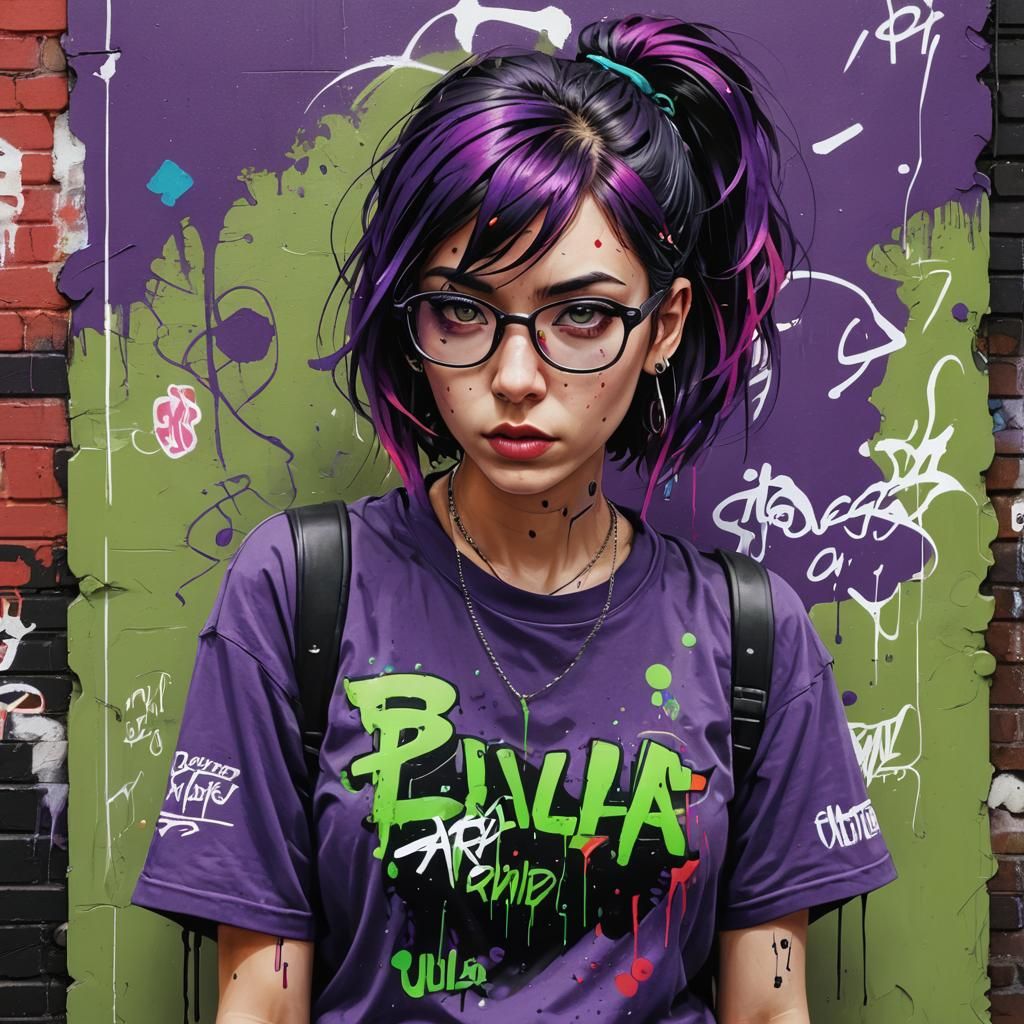 Cyberpunk Woman with Red-Black Hair and Lip Piercing