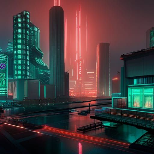 Cyberpunk Cityscape with Neon Lights and Rain