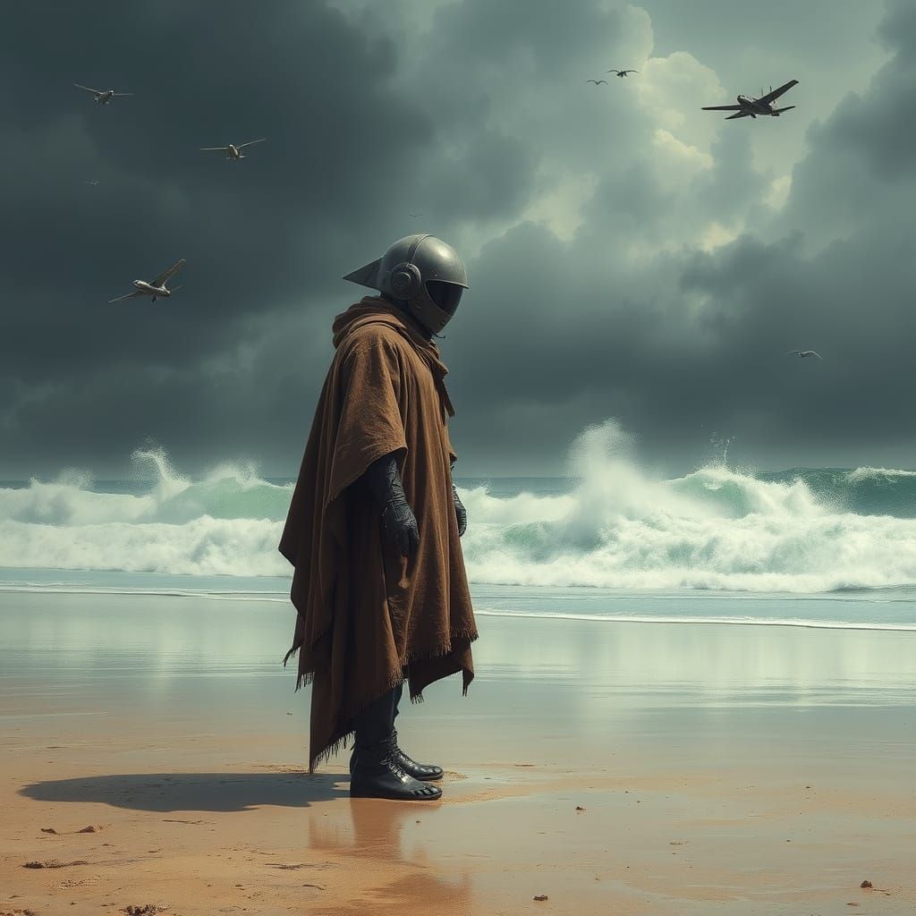 Post-Apocalyptic Survivor Stands Firm on Dystopian Beach