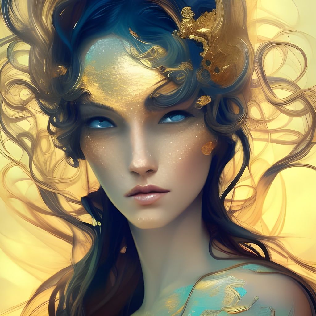 Golden Sea Creature Portrait in Art Nouveau Style