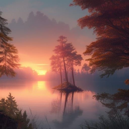 Sunset Lake Forest: Hyperdetailed Concept Art