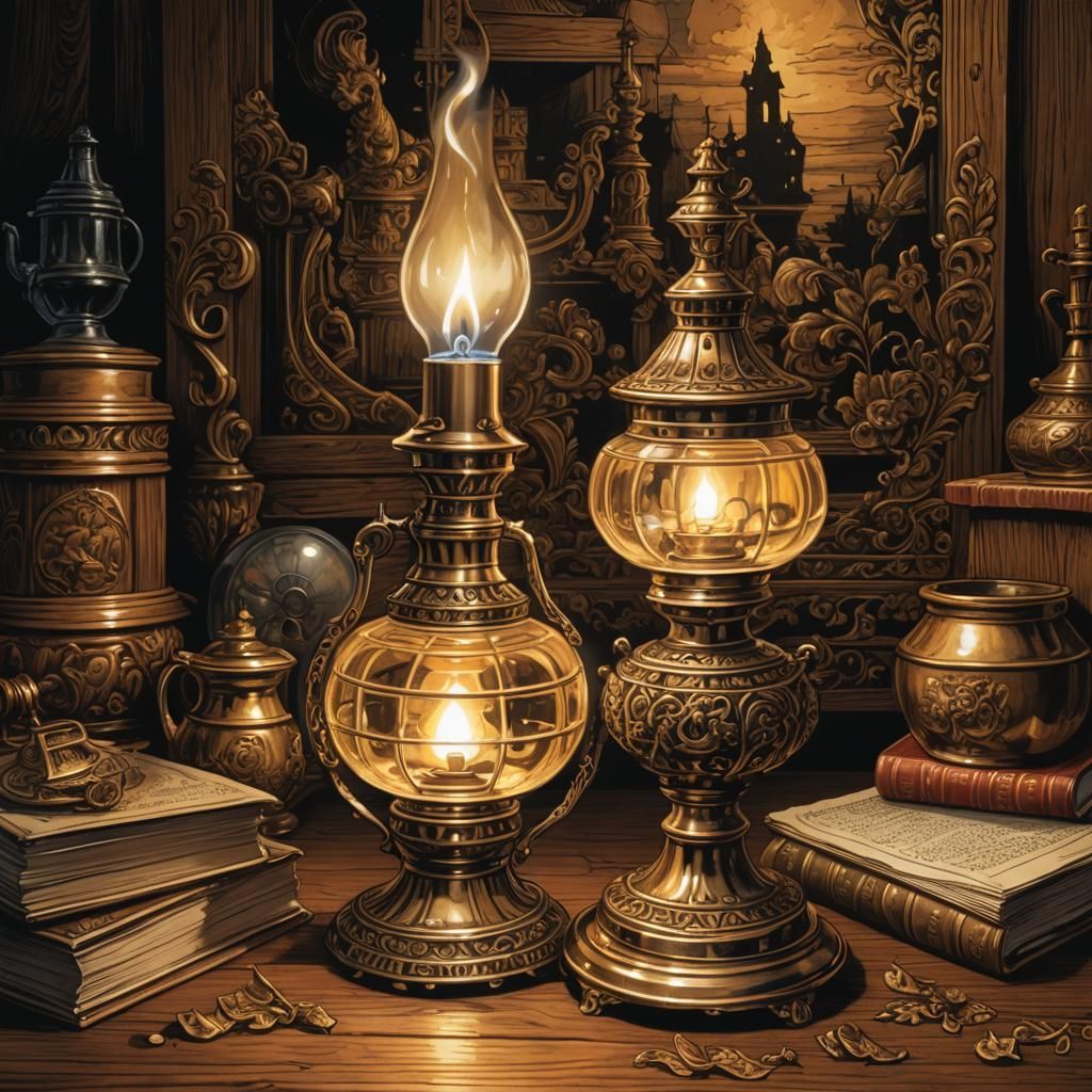Antique Oil Lamp in Comic Book Art Style