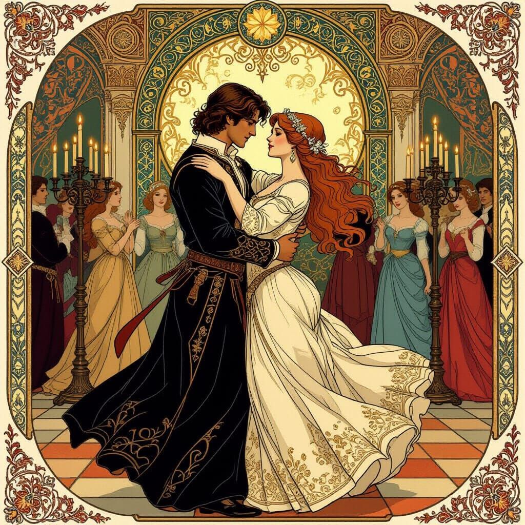 Medieval Couple Dancing Waltz in Art Nouveau Style