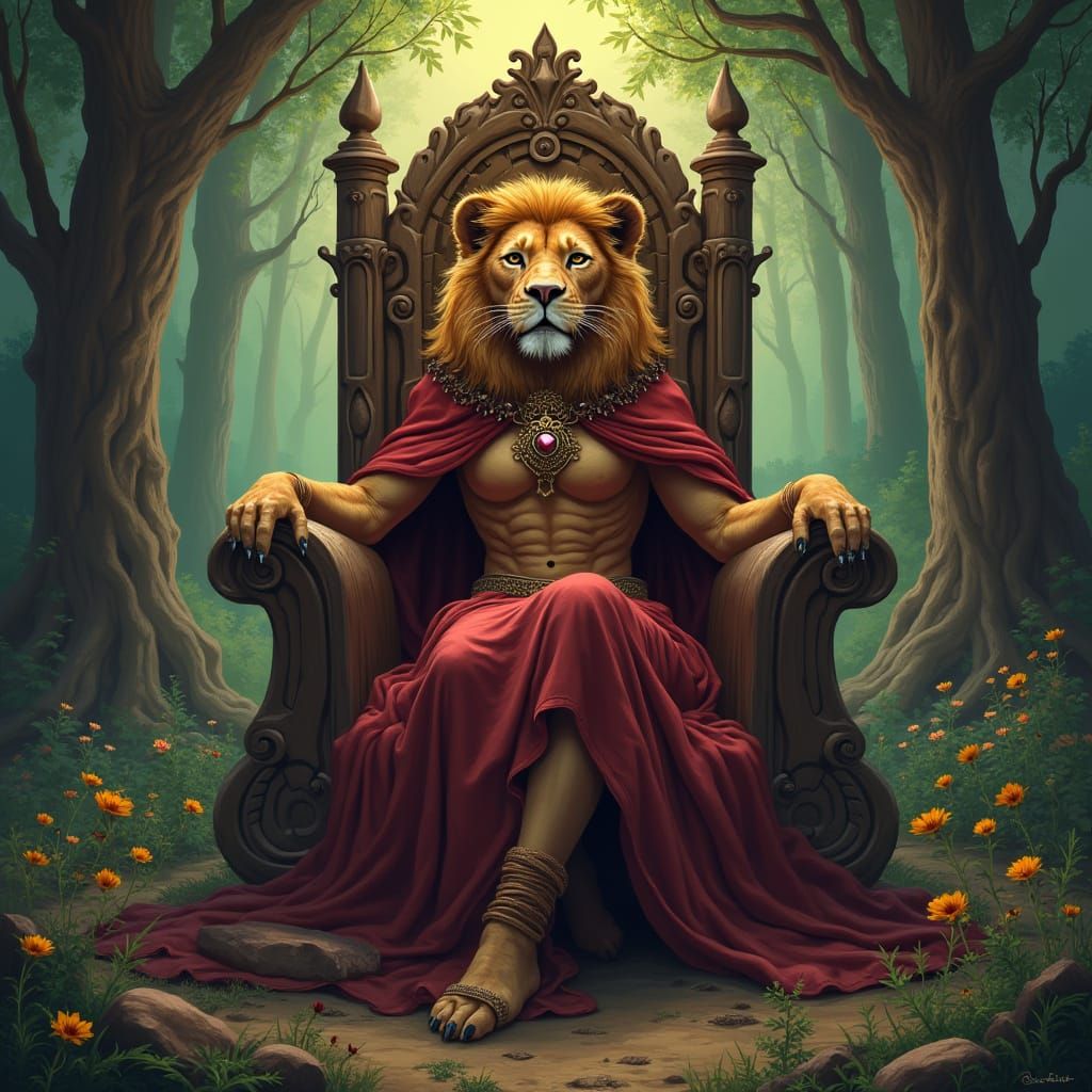 Lioness Queen on Oak Throne in Enchanted Forest