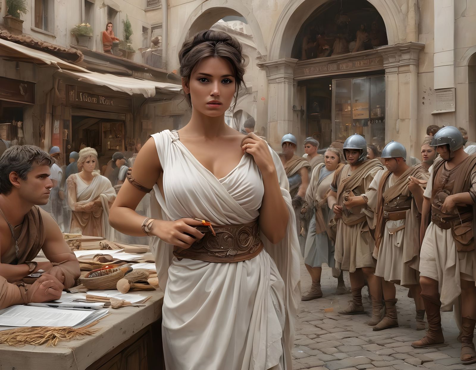 Roman Spy Goddess in Discreet Toga, Blending into Ancient Ma...