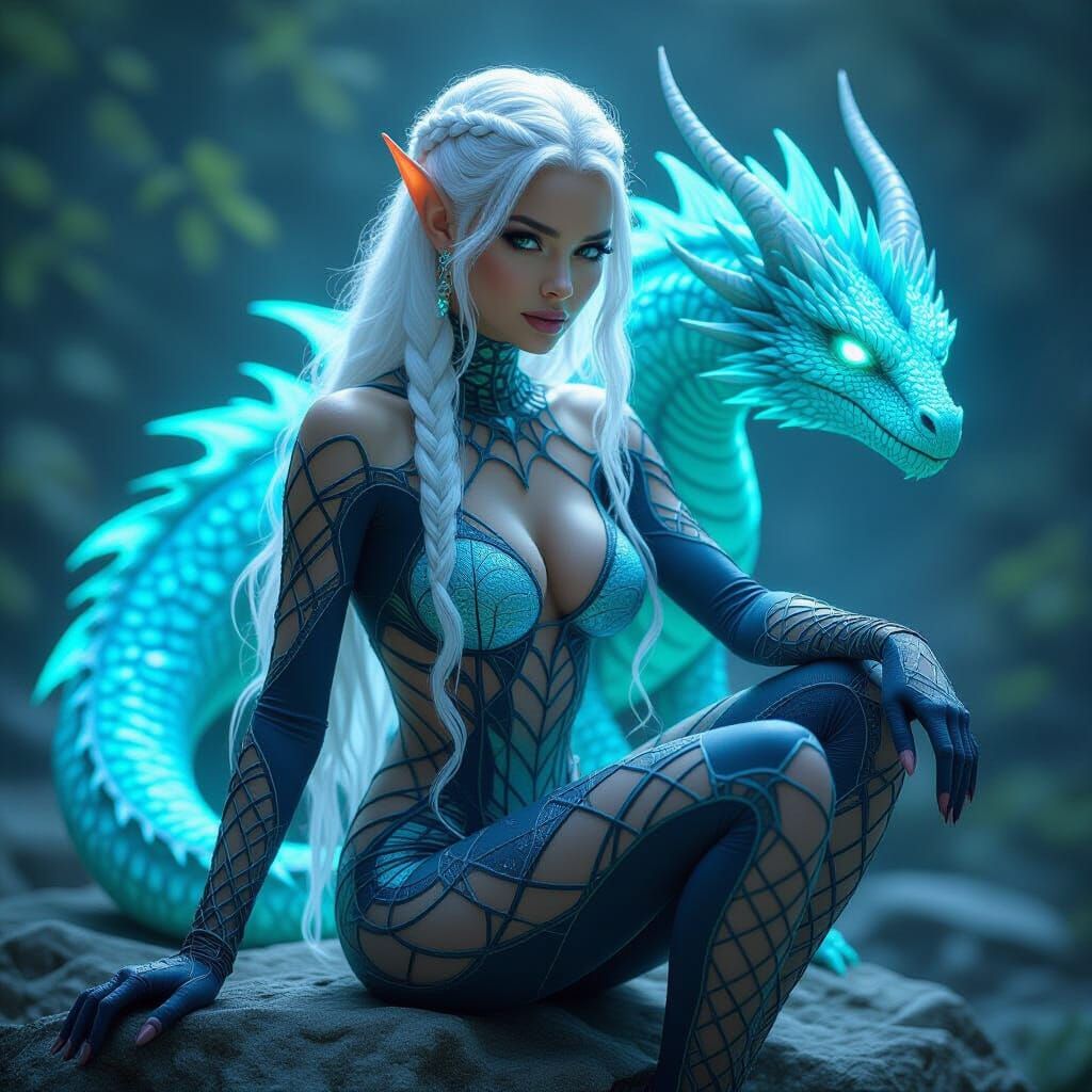Elf with Cyan Dragon in Bioluminescent Fantasy Art
