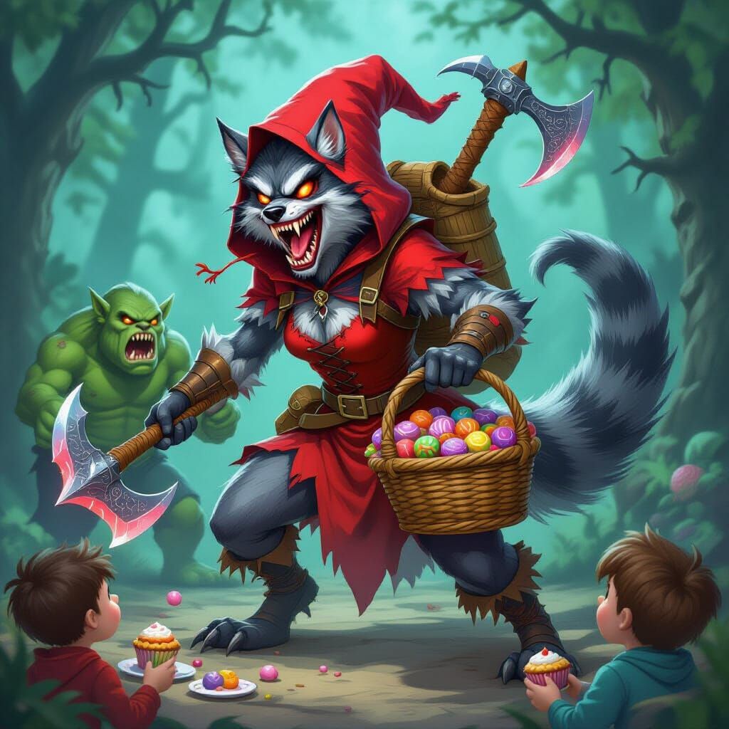 Werewolf Spider in Red Hood with Candy Basket
