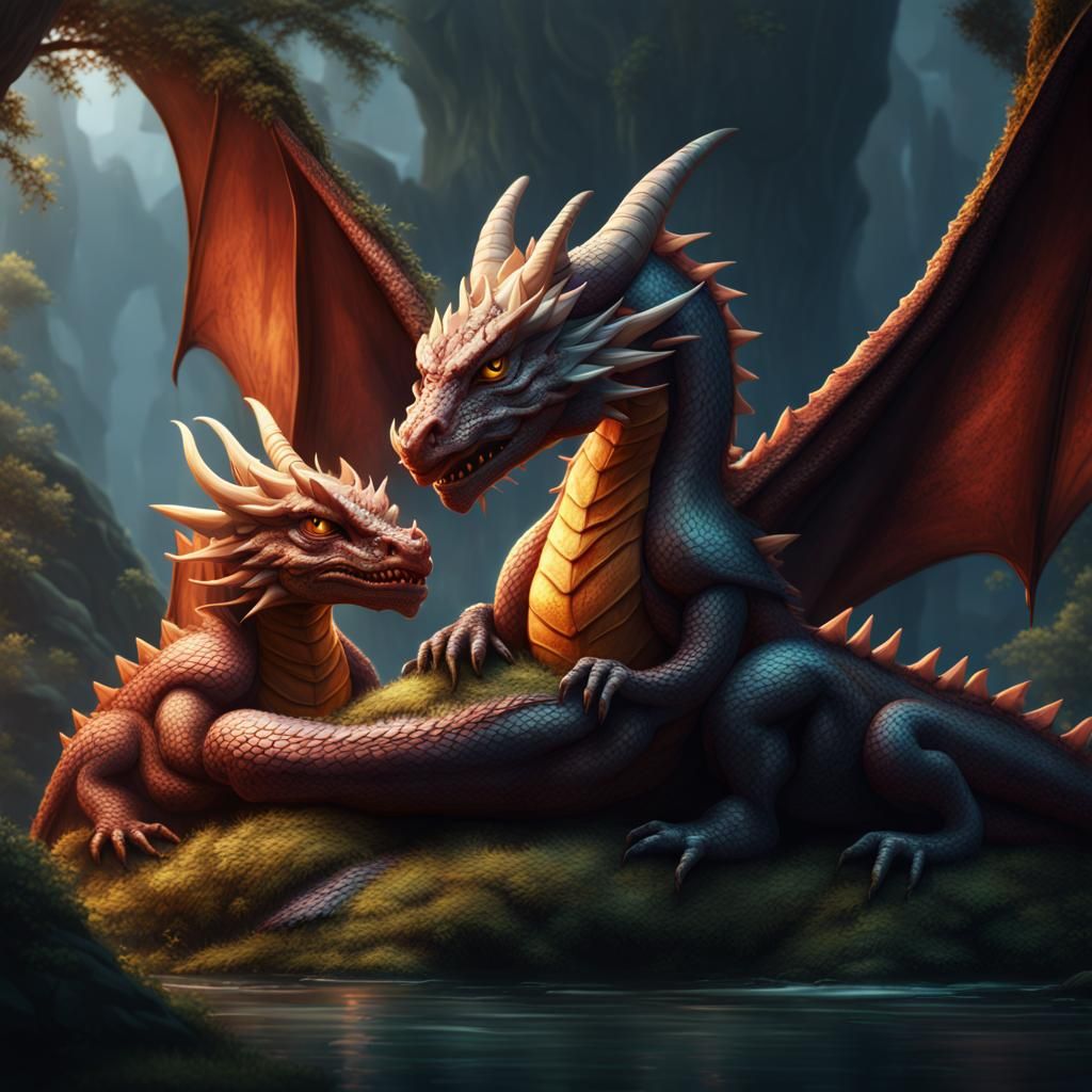 Cozy Cuddling Dragons in Detailed Digital Painting