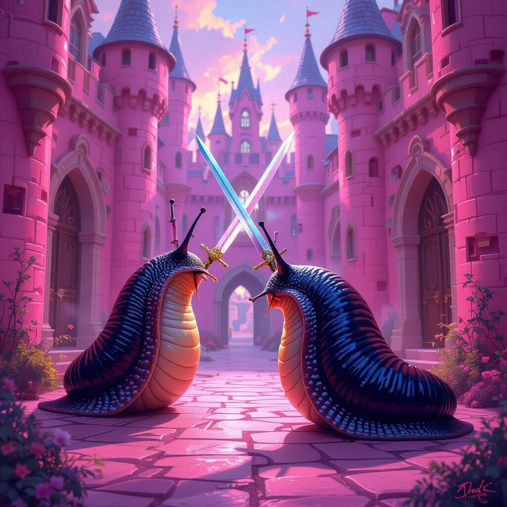 Giant Slugs Sword Fight in Pink Castle Digital Painting