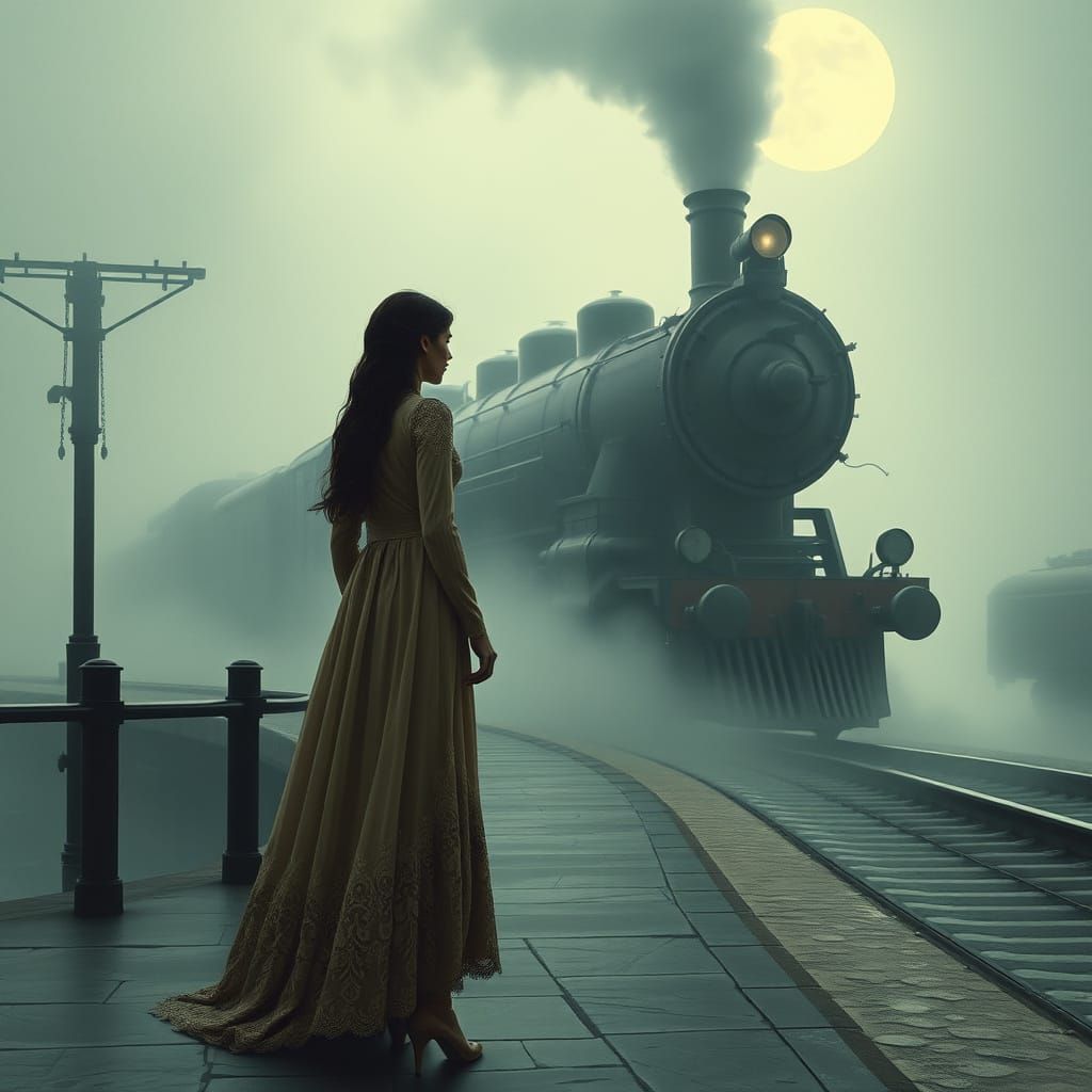 Mystical Woman Contemplates Steam Train in Dreamlike Landsca...