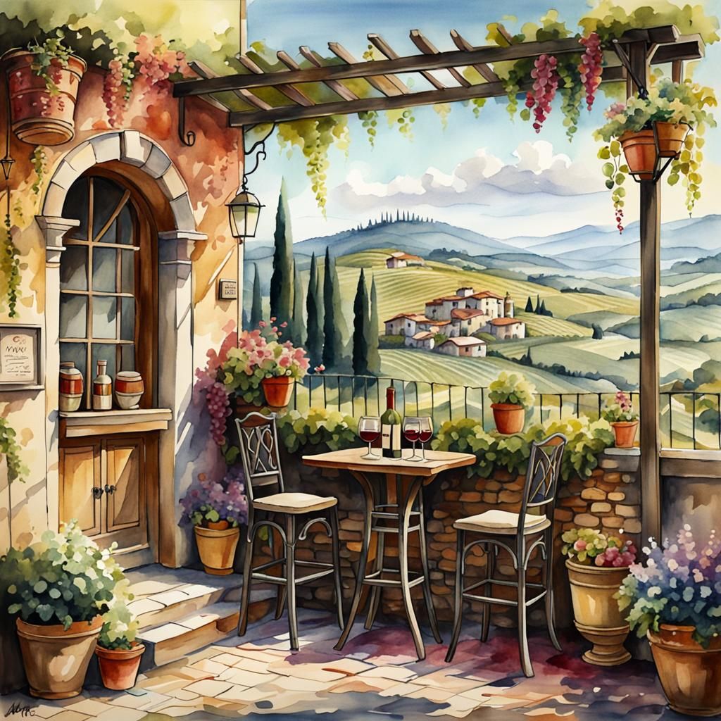 Italian Wine Country Garden in Watercolor Style
