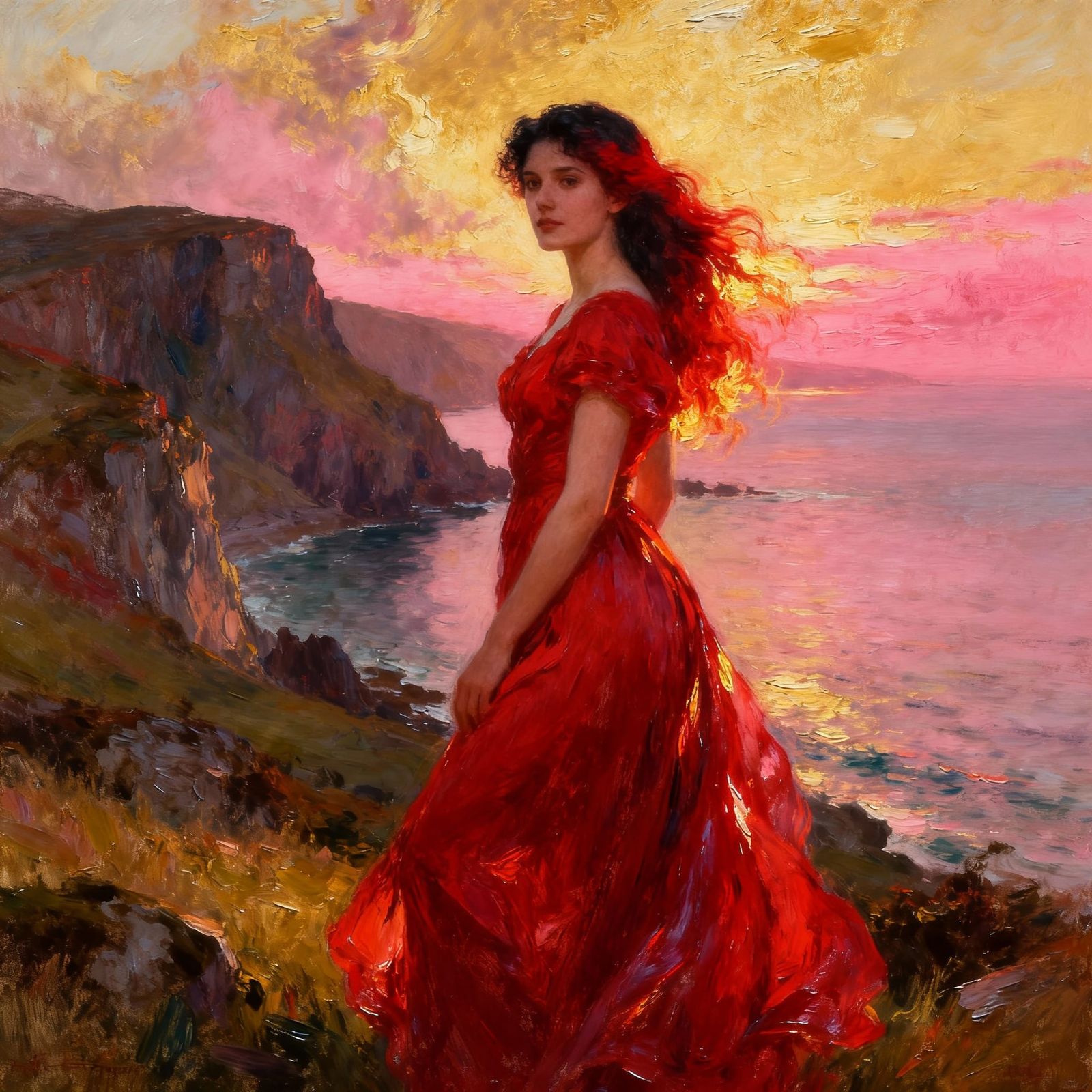 Woman with Red Hair in Vibrant Dress at Portree Sunset
