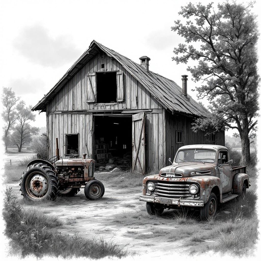 an old abandoned barn with the main door hanging off it's hinged, an abandoned old tractor with a missing front wheel an...