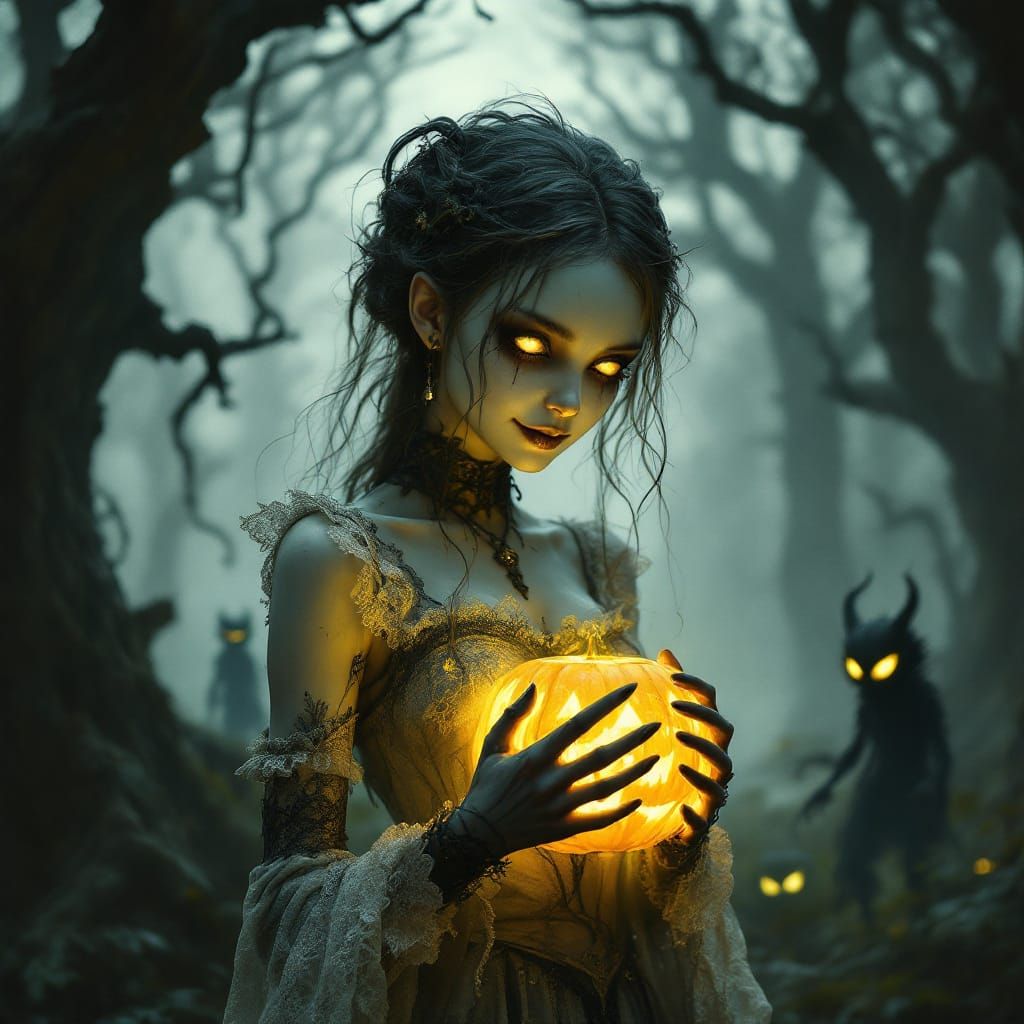 Gothic Maiden with Glowing Pumpkin in Dark Forest