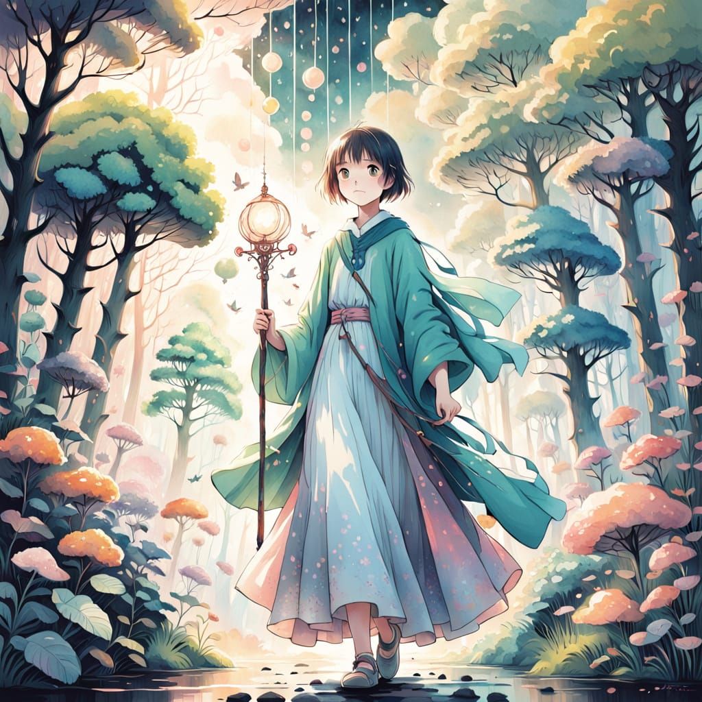 Dreamy Anime Girl in Whimsical Forest Scene