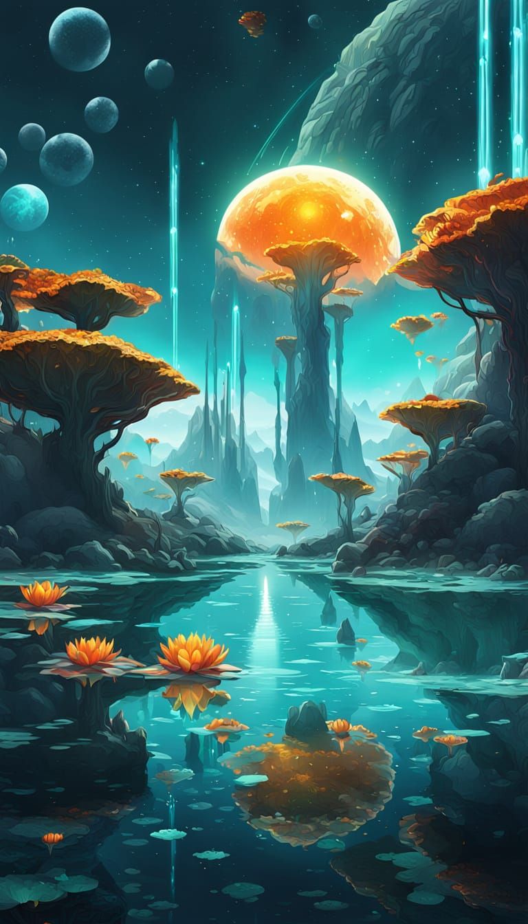Icy Alien Planet with Extraterrestrial Flora: Concept Art