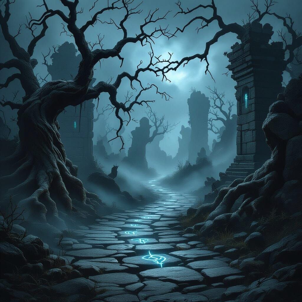 Dark Fantasy Game Environment with Glowing Runes
