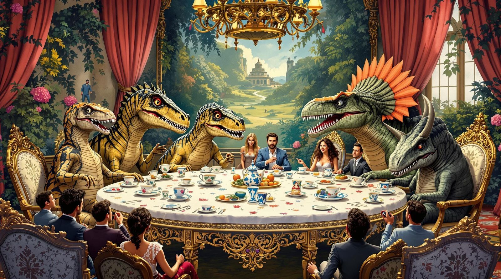 Dinosaurs' Tea Party: A Whimsical Jurassic Park Scene
