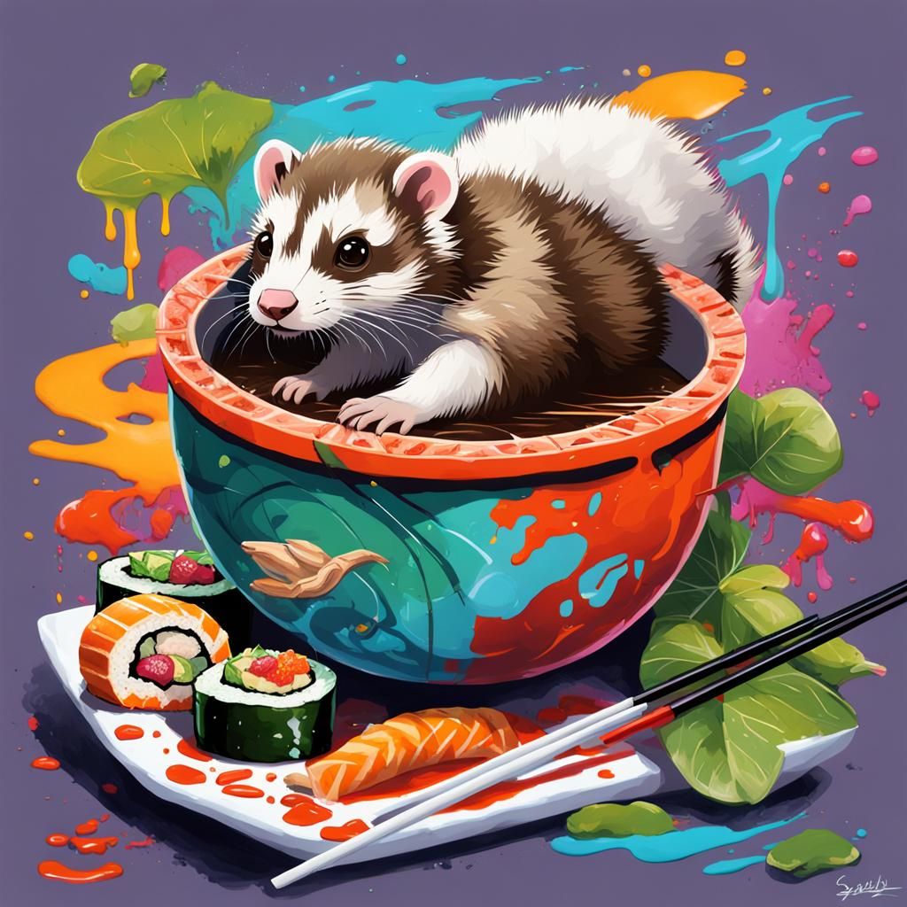 Ferret Sushi Roll in Noodle Soup, Graffiti Art