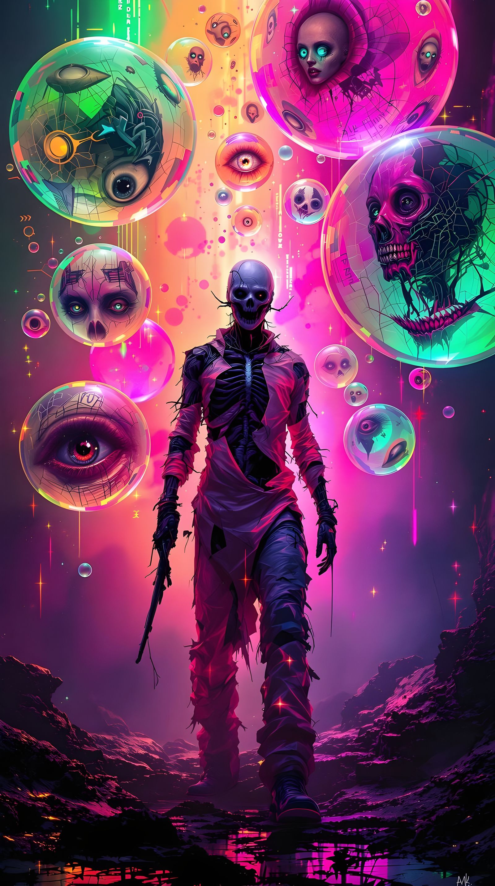 Grotesque Figure Surrounded by Anatomical Bubbles in Dark Fu...