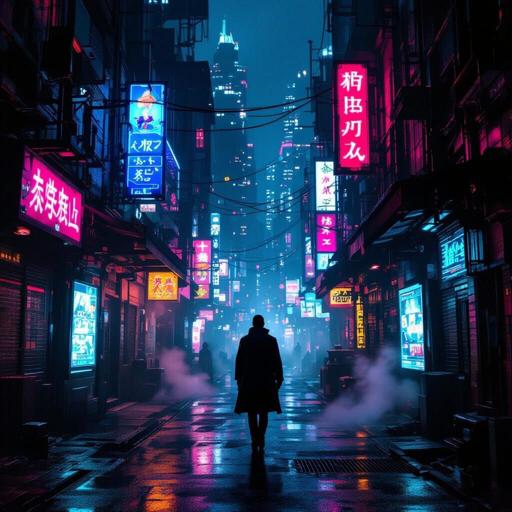 Cyberpunk Alleyway at Night: Neon Signs & Futuristic Tavern