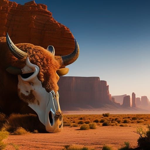 Bison Skull in Desert: O'Keefe Inspired Digital Art
