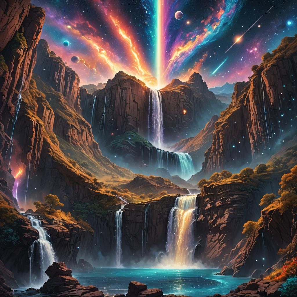 Ethereal Cosmic Waterfall in Vibrant Deep Space