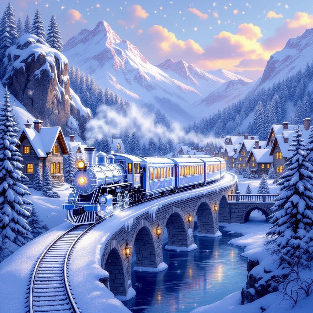 Magical Crystal Train in Snowy Fantasy Landscape