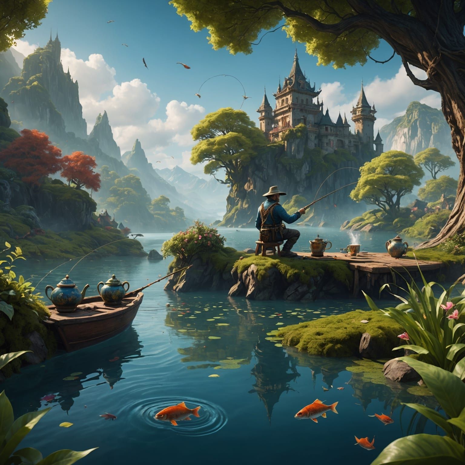 Man Fishing in Tea: Detailed Matte Painting