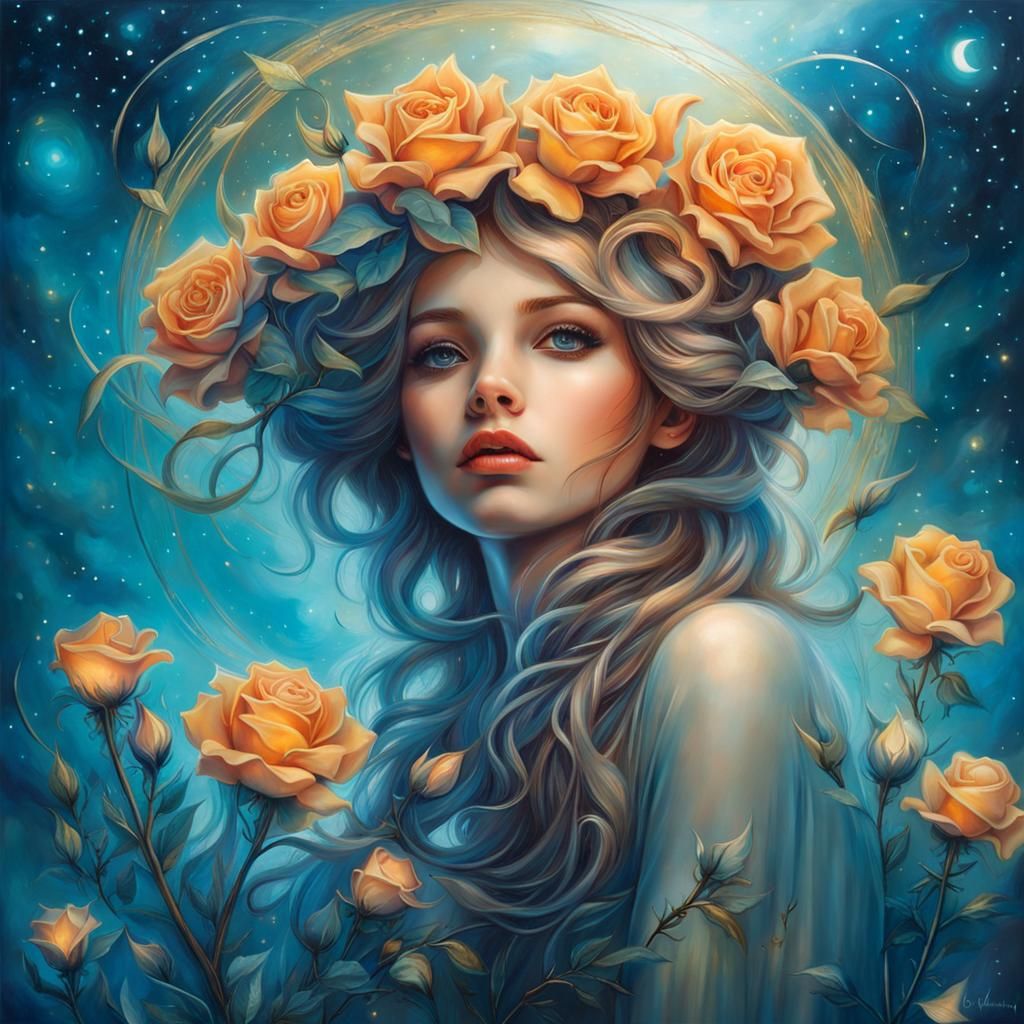 Girl with Golden Rose in Moonlit Garden