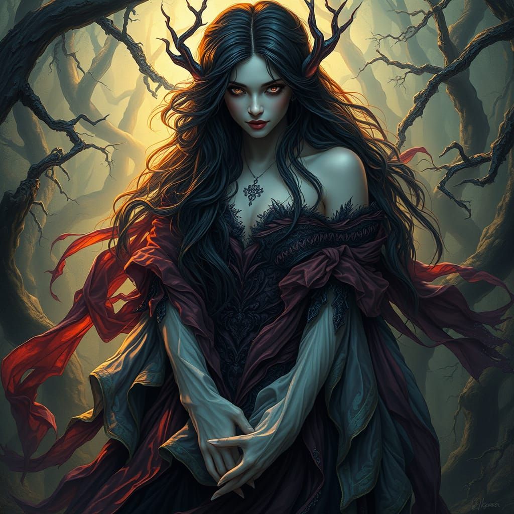 Dark Fantasy Siren in Crimson Silk, Twisted Forest