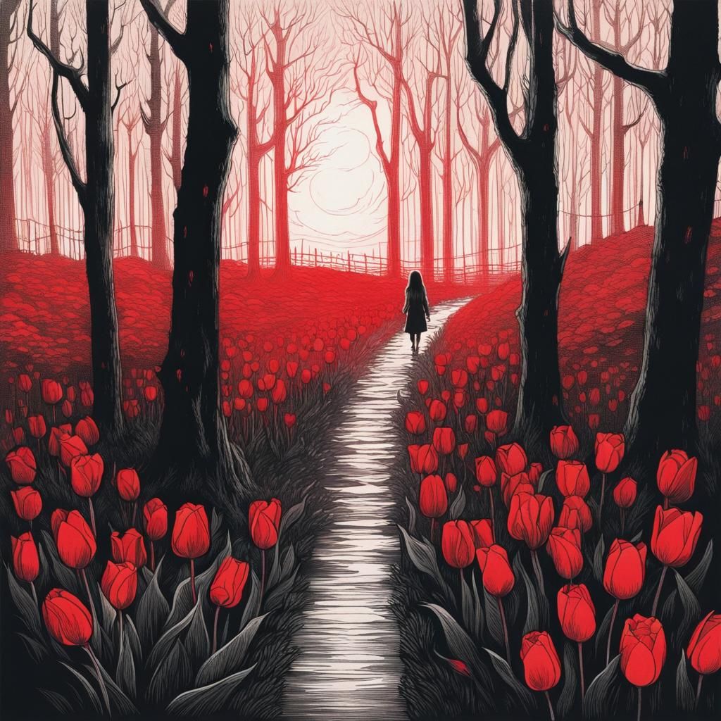 red tulips, enchanted forest, creepy linear ink drawing, ghost girl walking towards the light, by Alena Aenami