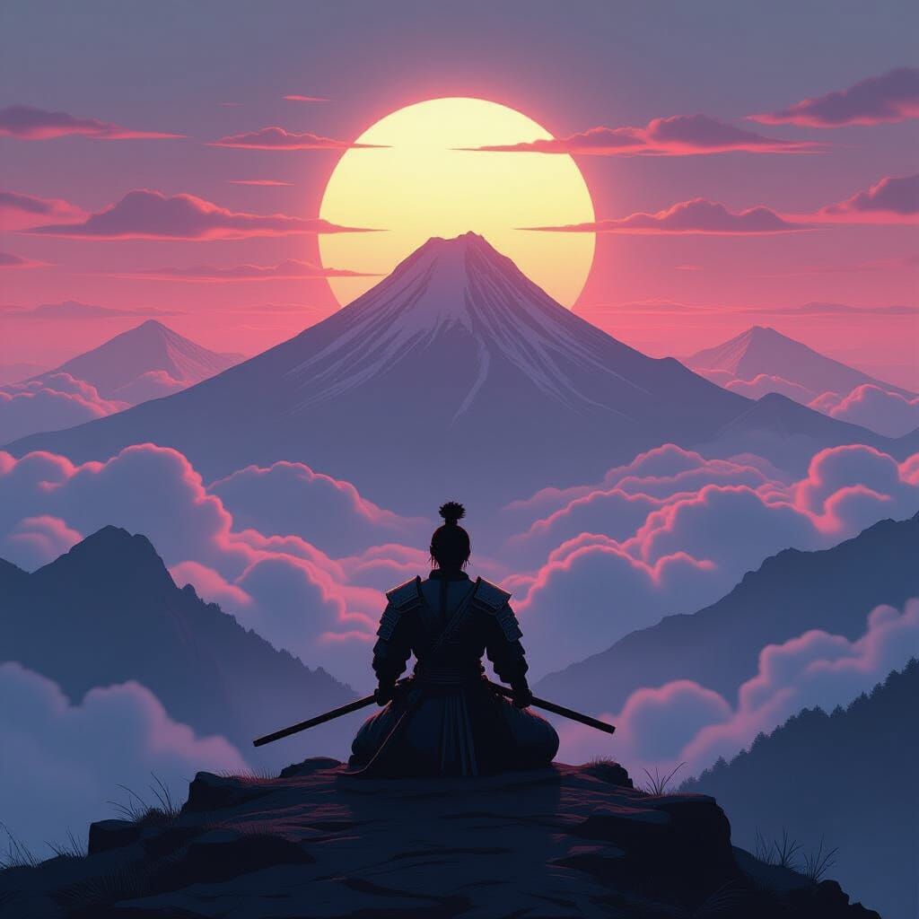 Samurai Kneeling at Dawn on Mountain Ridge