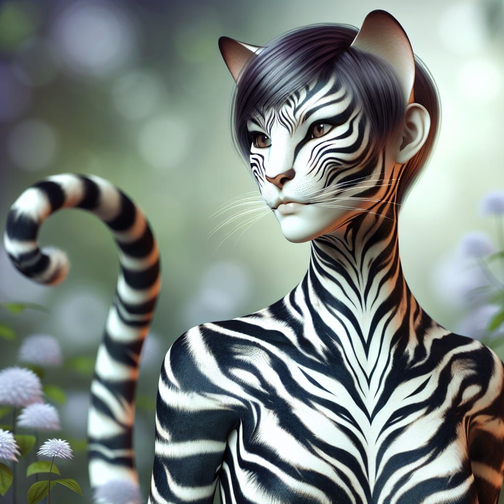 Striking Tiger-Striped Catlike Humanoid with Pixie Cut