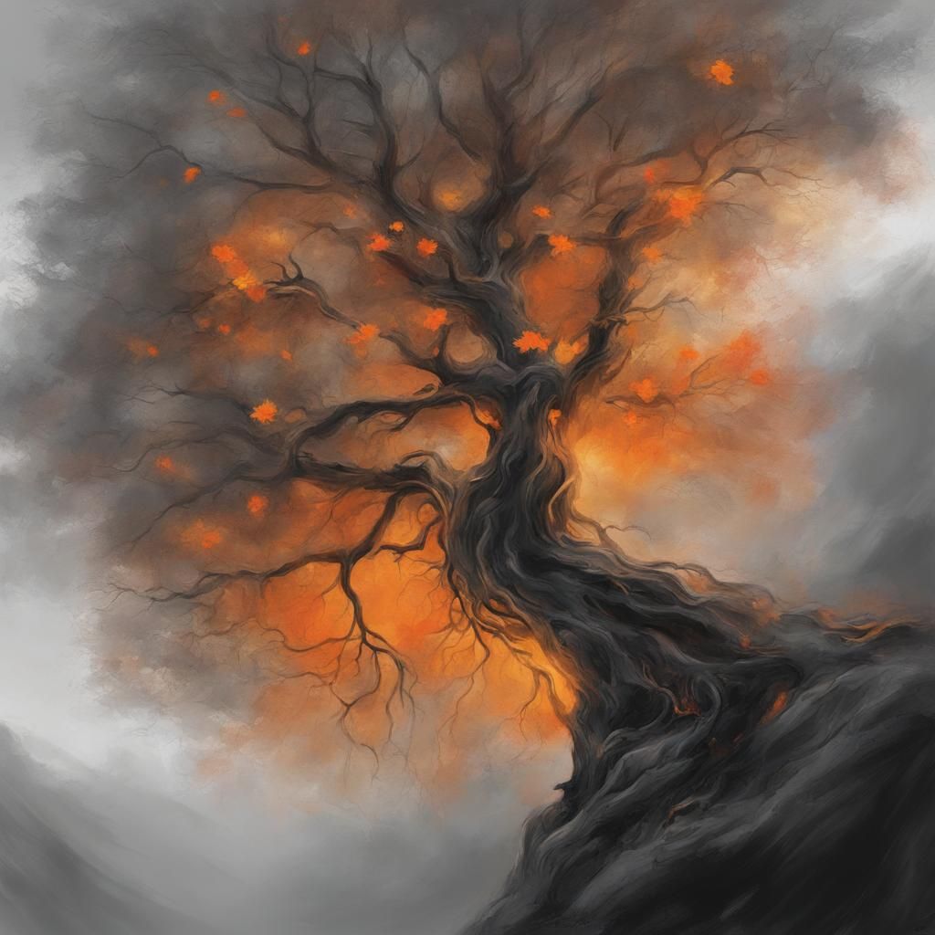 Fantasy Tree with Orange Leaves, Digital Oil Painting