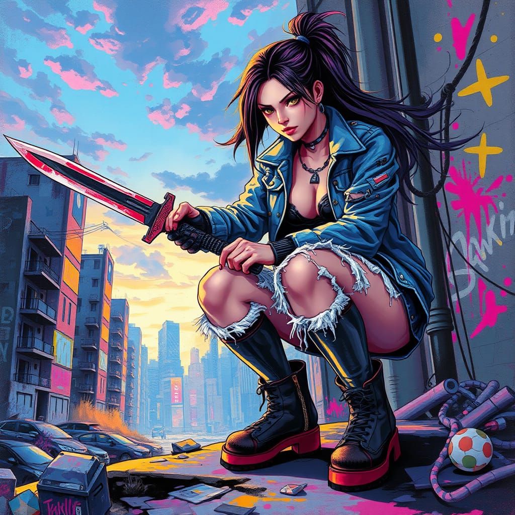 Demon Slayer in Graffiti Art Style Cityscape