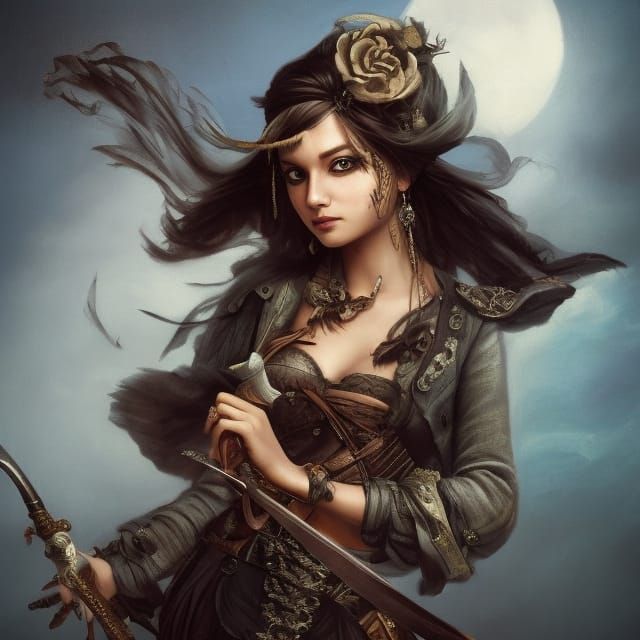 Girl Pirate Portrait with Sword in Comic Art Style