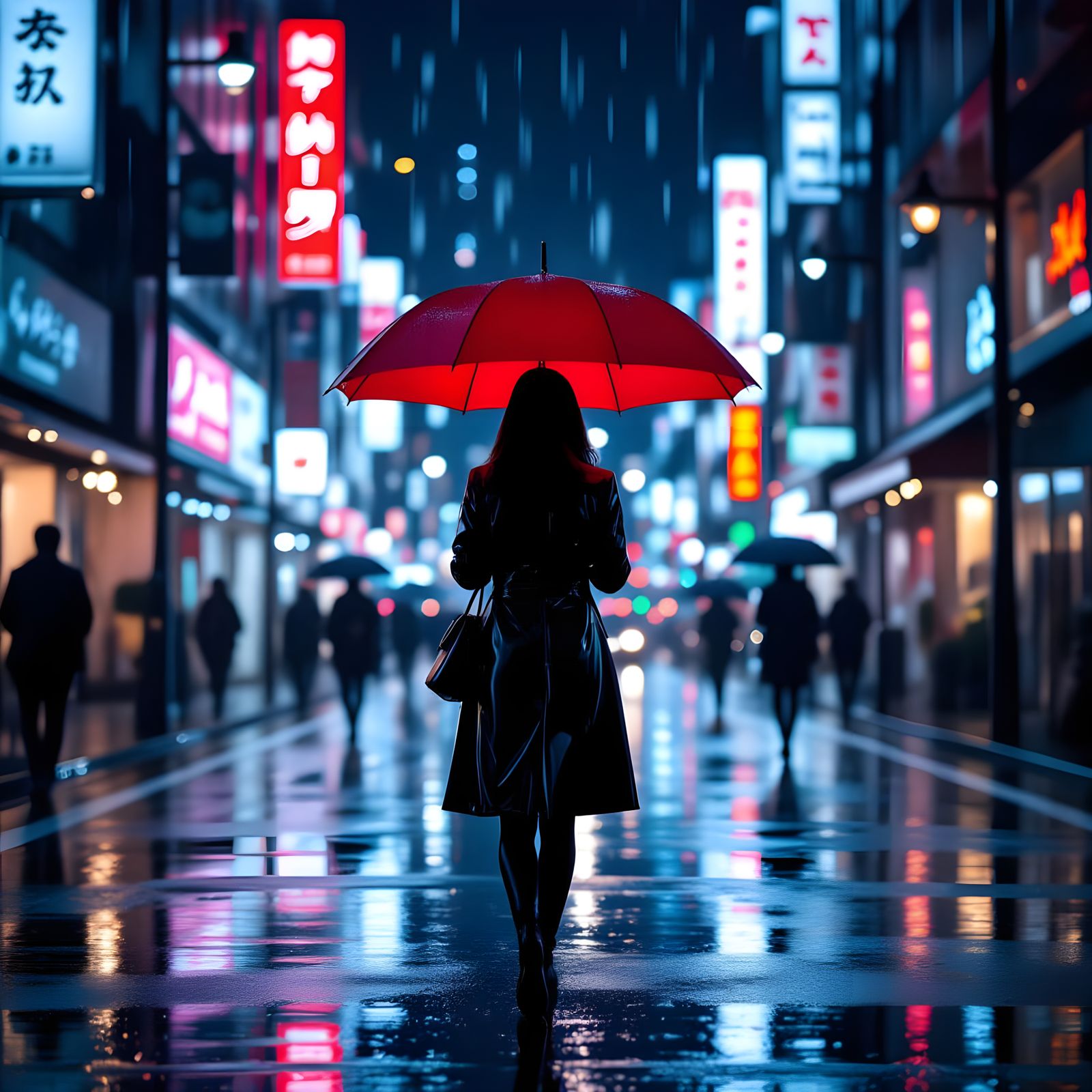 Rainy Tokyo Street at Night: Hyperrealistic Photo