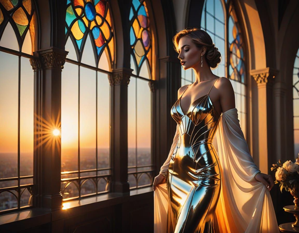 Glamorous Art Deco Woman in Vibrant Gown on Luxurious Terrac...