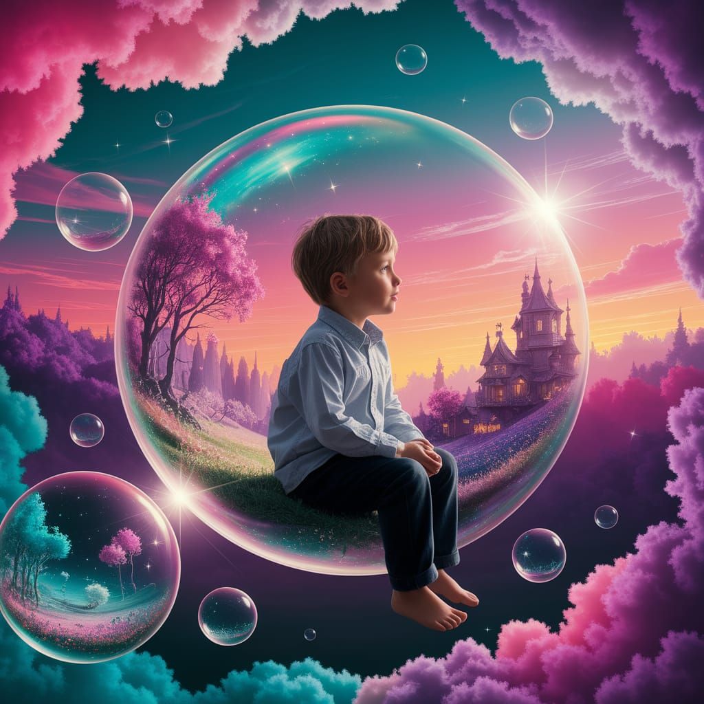 Child in Glowing Bubble Floating in Sunset Sky